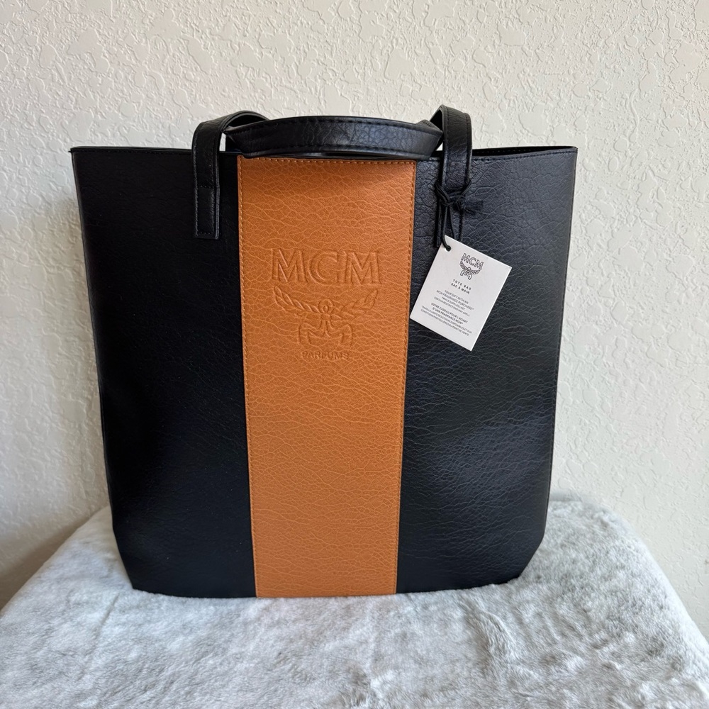 MCM Embossed Logo Stripe Tote Bag -Black and Tan P0343